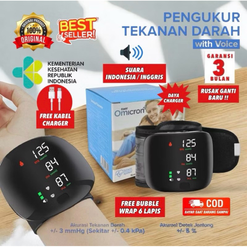TaffOmicron  Alat Ukur Tekanan Darah Tensimeter Digital Pergelangan Tangan Model Charging Pengukur T