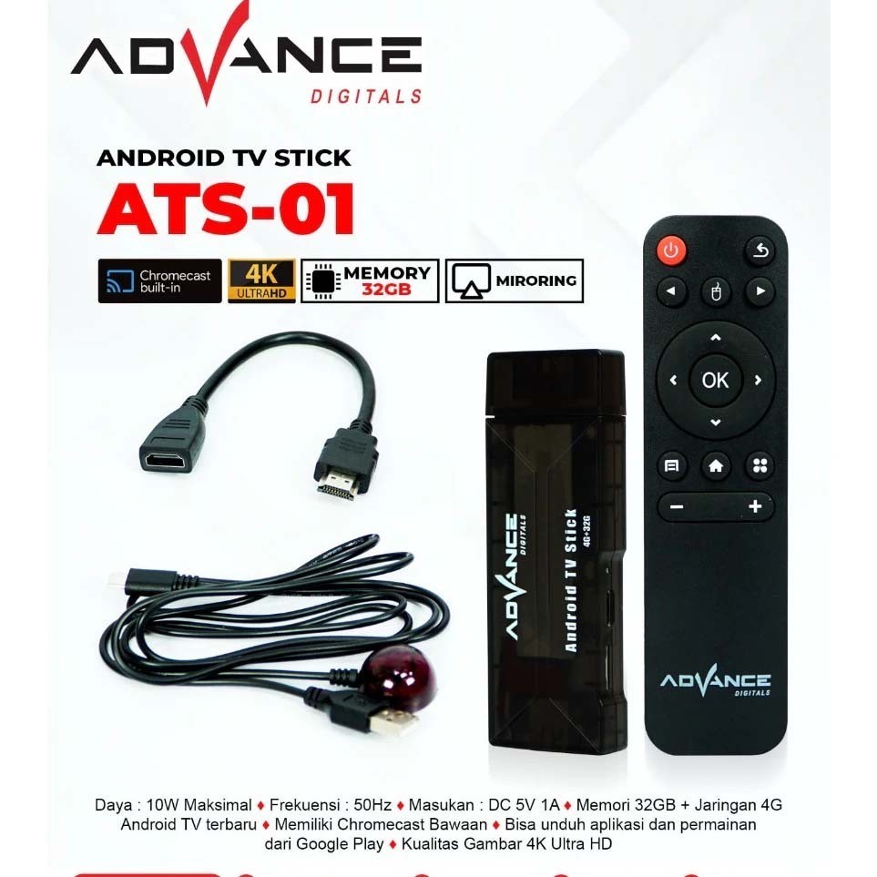Advance Smart TV Stick ATS-01 4K WiFi 4GB+32GB Android 12.0 HD Media Player Set top Box Garansi Resm