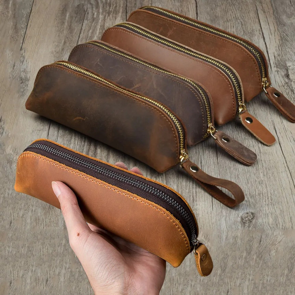 

Vintage Leather Pencil Bag Simple Stationery Hoder Pen Case Storage Bag Zipper Pencil Pouch Glasses Box School Supplies