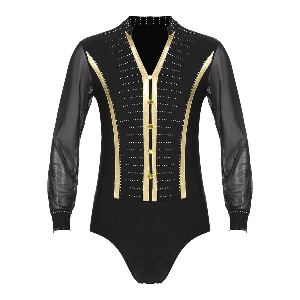 Bodysuit Leotard Latin Kaus Pria Atasan Ballroom Samba Menari Unitard Waltz Kostum Tari Modern Pakai