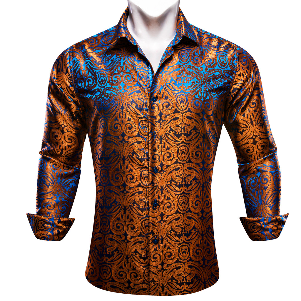 Kemeja sutra desainer untuk pria blus pria Slim Fit bordir Paisley hitam putih biru emas hijau merah