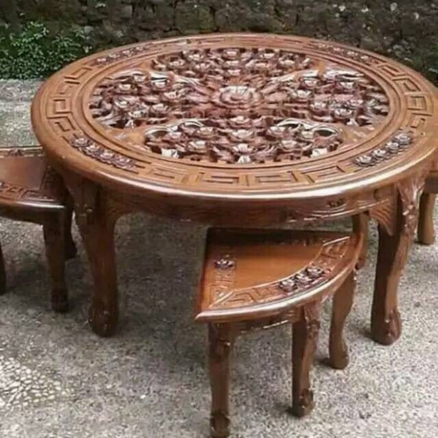 MEJA OSHIN BULAT + KACA KAYU JATI FURNITURE JEPARA