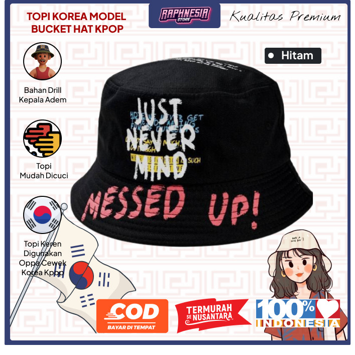 topi bucket wanita pria korea style, topi korean style,bucket hat style korea messed up badass no 1 