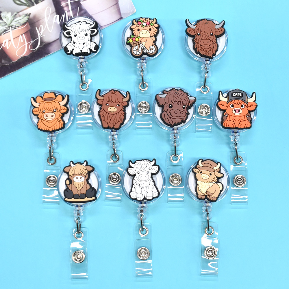 

1Piece Highland Cow Badge Reel Colorful zodiac ox Clip Badge Holder Doctor School Student Office ID Card