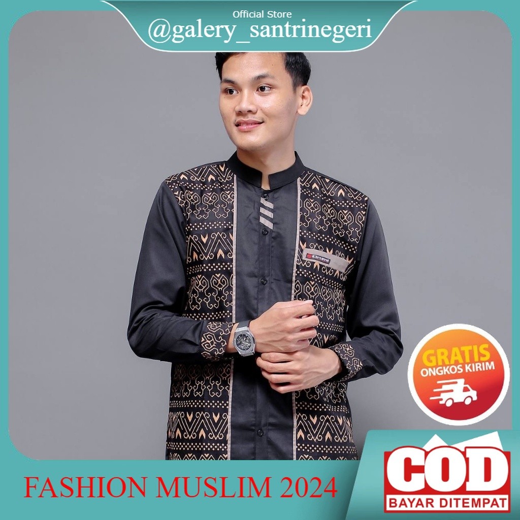 NEW Baju Koko Pria Lengan Panjang Motif Dayak Kombinasi Batik Original Elrumi Warna Hitam