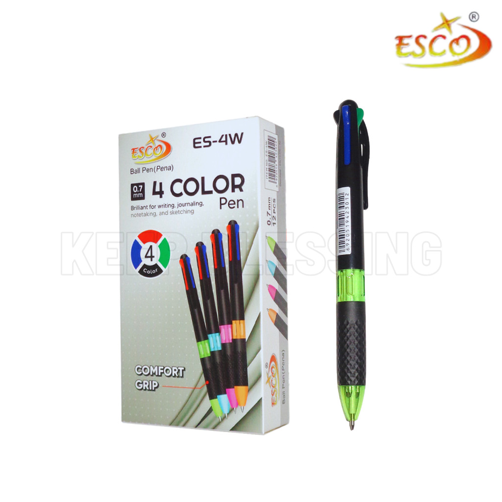

RB ESCO ES-4W - 12 Pcs/Box - Pulpen 4 Warna 0.7mm - Grip Nyaman, Tinta Halus - Duta Gemilang