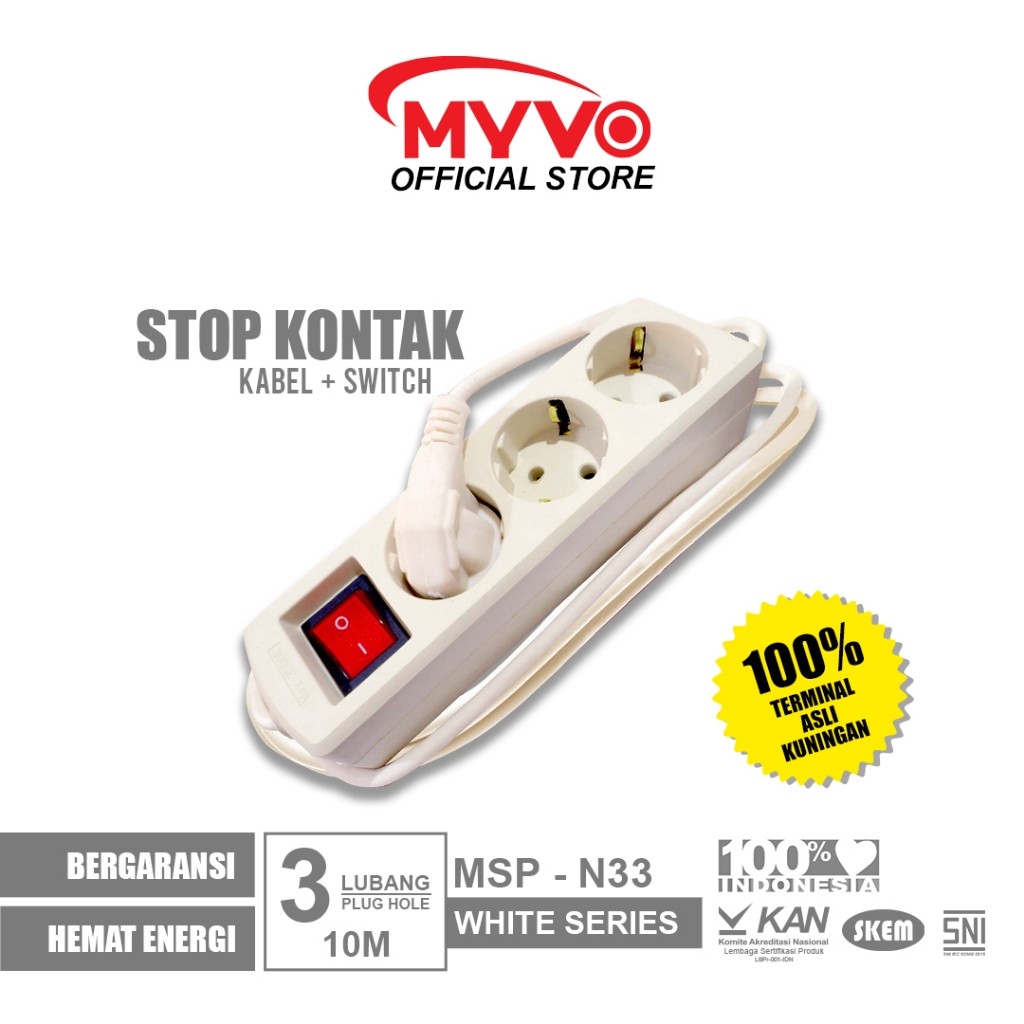 Stop Kontak Myvo Terbaik Garansi MYVO Stop Kontak 3 Lubang 10 Meter MSP-N33 Putih Asli Kuningan