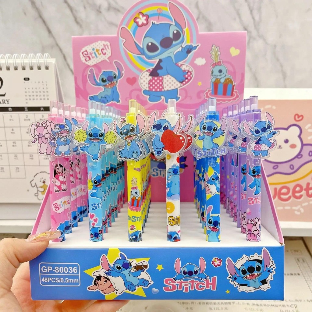 

Disney Stitch 12/24/48pcs Gel Pen Lilo & Stitch Press Cartoon Patch 0.5mm Black Stationery Student Signature Pen Writing Tools