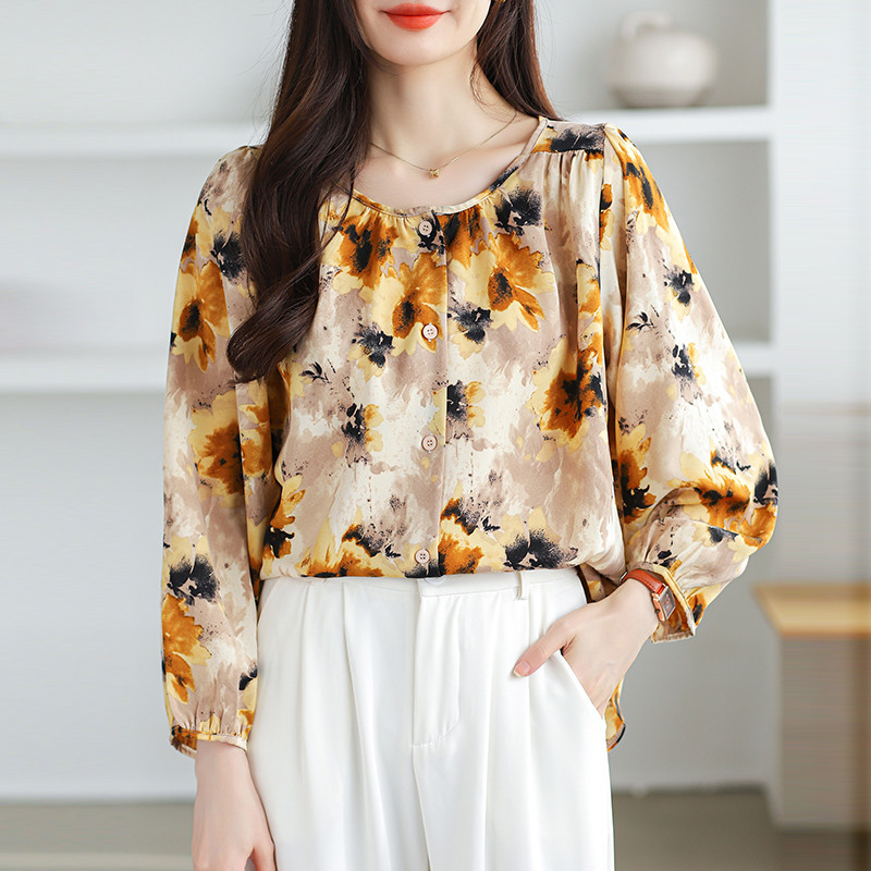 Blus Sifon Longgar Lengan Panjang Leher Bulat Kemeja Wanita Kasual Berwarna Kuning