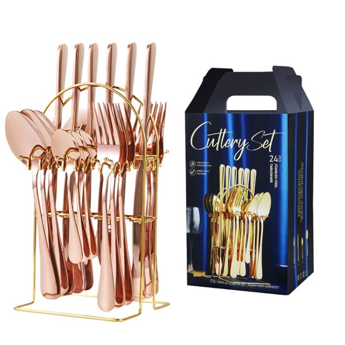 Sendok Set Gold Stainless Marble + Rak / Peralatan Makan Sendok Marble - Rosegold