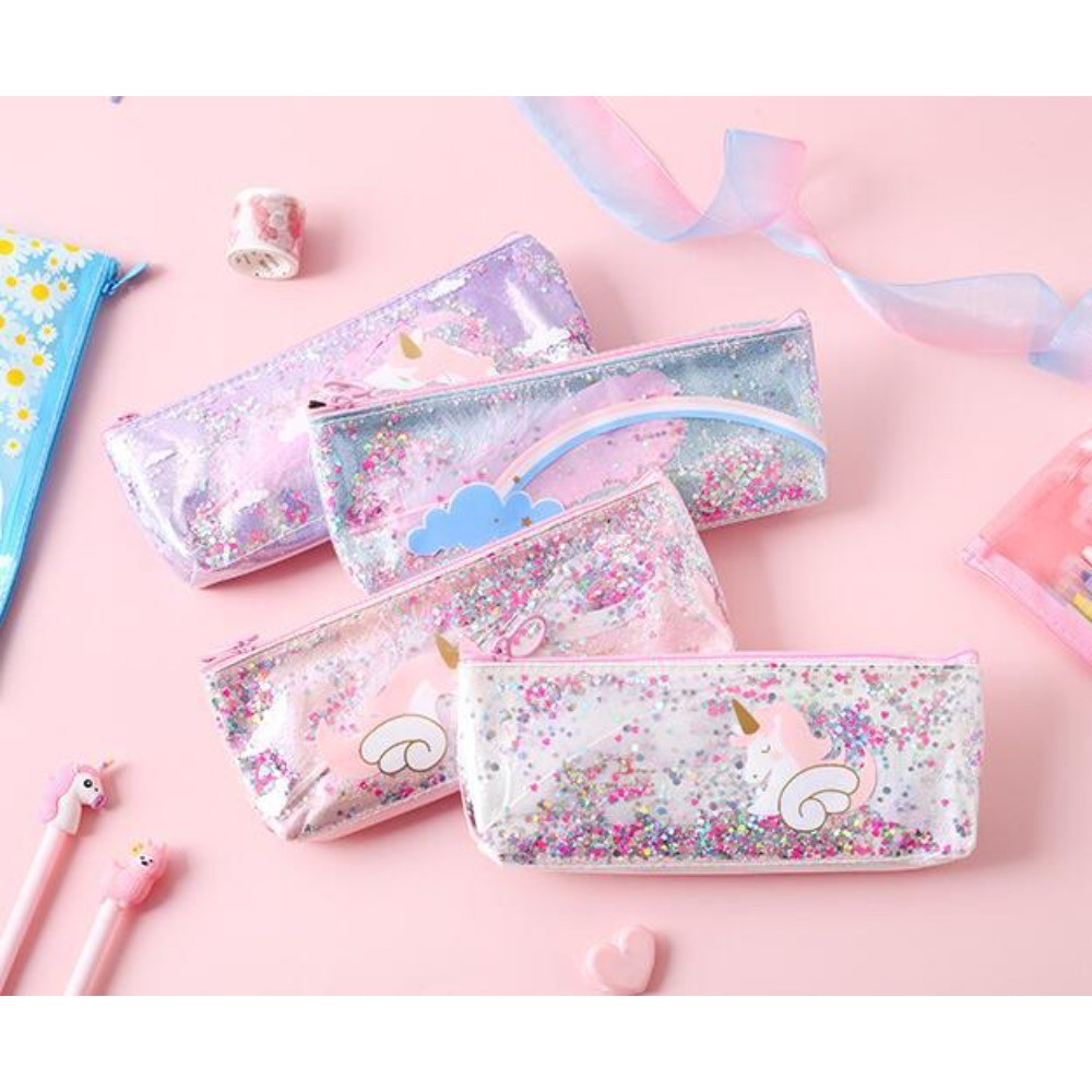 

Kawaii Unicorn flower Sequin large Pen Case Creative PVC Pencil box Cute Pencil Bag For Kids Gift School Supplies Pencilpouch