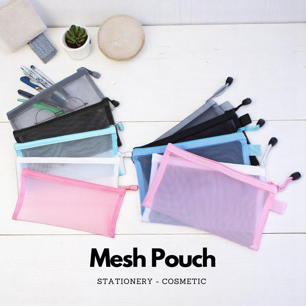 

Tempat Make Up Alat Tulis Serbaguna Transparant Mesh Polos Warna Nylon Pouch JCTP87-8
