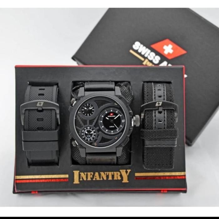 "V.NLN" -  PASTI READY Jam Tangan Pria Swiss Army Infanty Paket Free 2 Tali Kanvas Kulit Watches - H