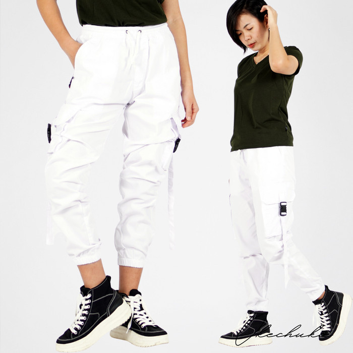 Okechuku ARTHA Celana Hypebeast Celana Wanita Celana Cargo Jogger Pant - Putih, S
