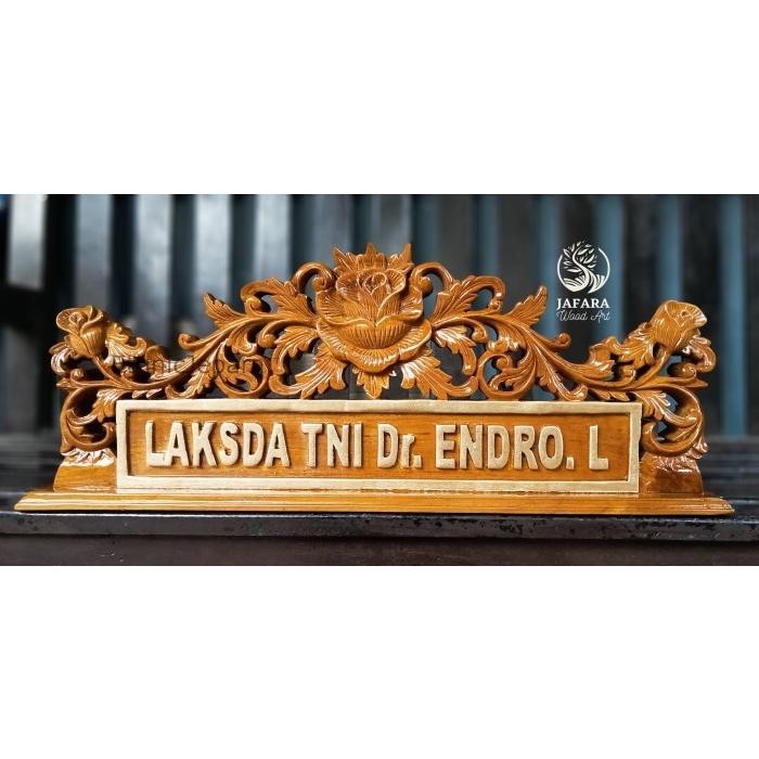 

papan nama meja ukiran kayu jati kembang bunga custom Termurah Seindonesia EJ4354