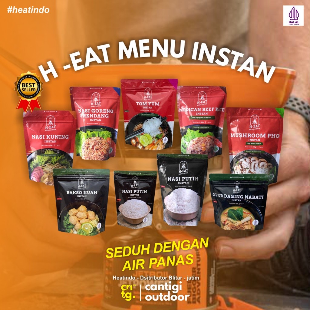 

Makanan Instan H-EAT Makanan Gunung,Makanan Camping, Nasi Putih, Nasi Kuning, Mashroom Pho, Nasi Goreng Rendang, OPOR