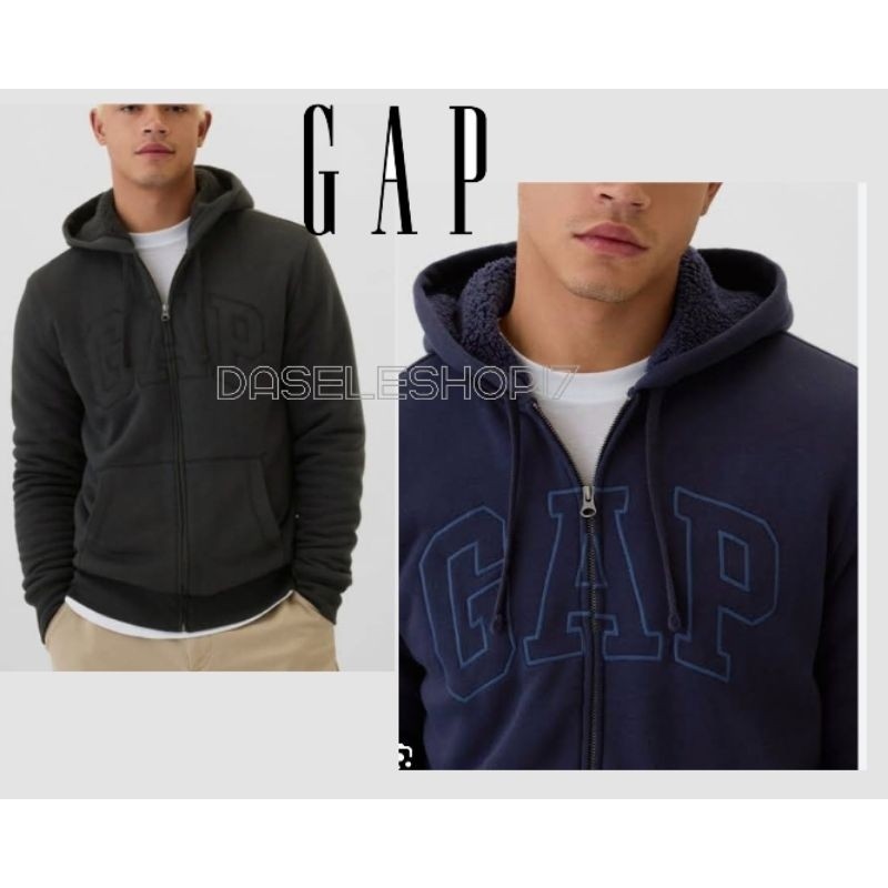 Jacket Sherpa Hoodie Zipper G*P Branded Hitam/Navy S-XXL