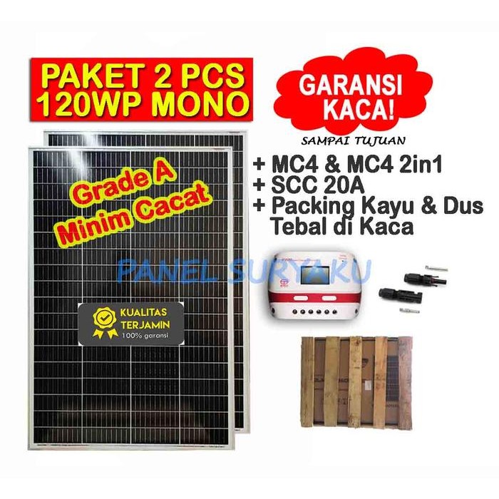 Paket 2pcs Solar Panel 120wp Mono + SCC 20A FREE Packing Kayu - SCC 20A & MC4