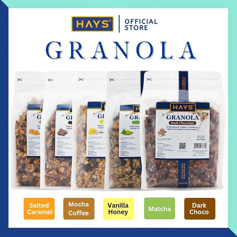 

HAYS Granola All Variant 500 Gram Dengan Almond Mede Cranberry Raisin Organic Coconut Sugar 500 G