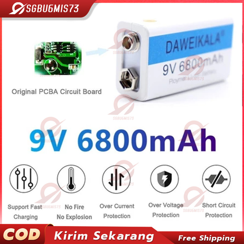 Baterai 9 V Rechargeable Li-ion USB Type-C 6800 mAh D 9V / baterai 9v rechargeable volt bisa dicas k