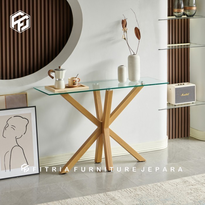 meja konsul kayu jati aesthetic top kaca tebal
