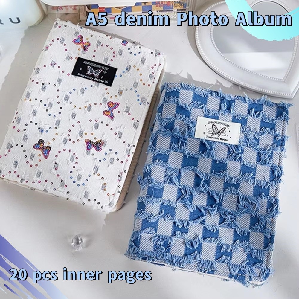 Binder Denim Retro A5 6 lubang Album Foto Daun Lepas 4 Kisi 3 Inci/2R Penyimpanan Foto Idola Kpop Al