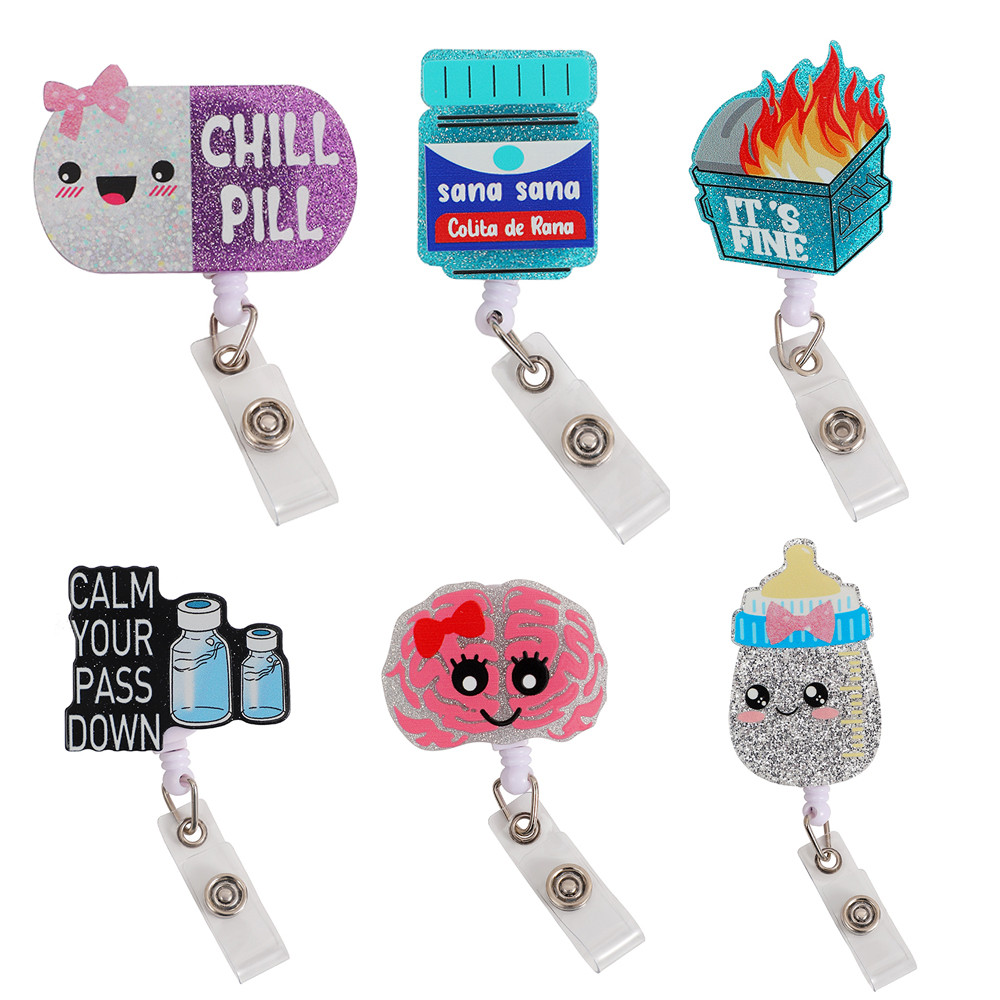 

New Glitter Acrylic Medicine Bottle Nurse Badge Reel Retractable ID Badge Holder With 360 Rotating Alligator Clip Name Holder