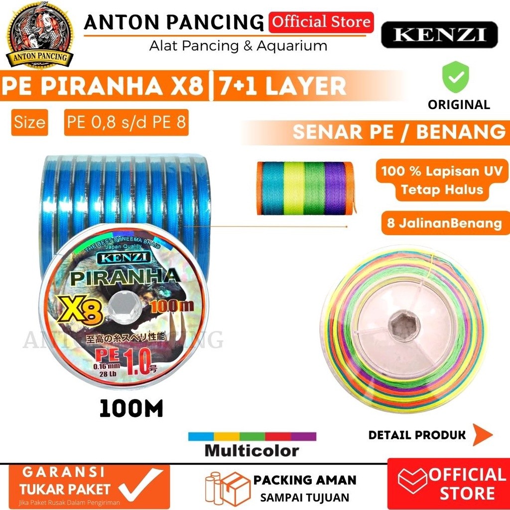 Senar Pancing Kenzi Piranha X8 PE 0.8 s/d PE 8 100 Meter Multicolour 8 Layer