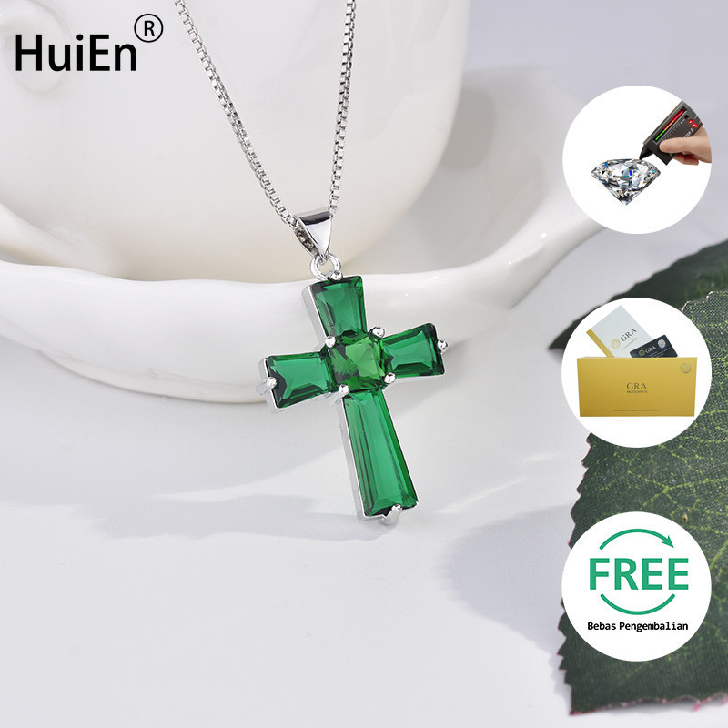 HuiEn Wanita Perhiasan Salib Kalung Moissanite Liontin Hijau Stok