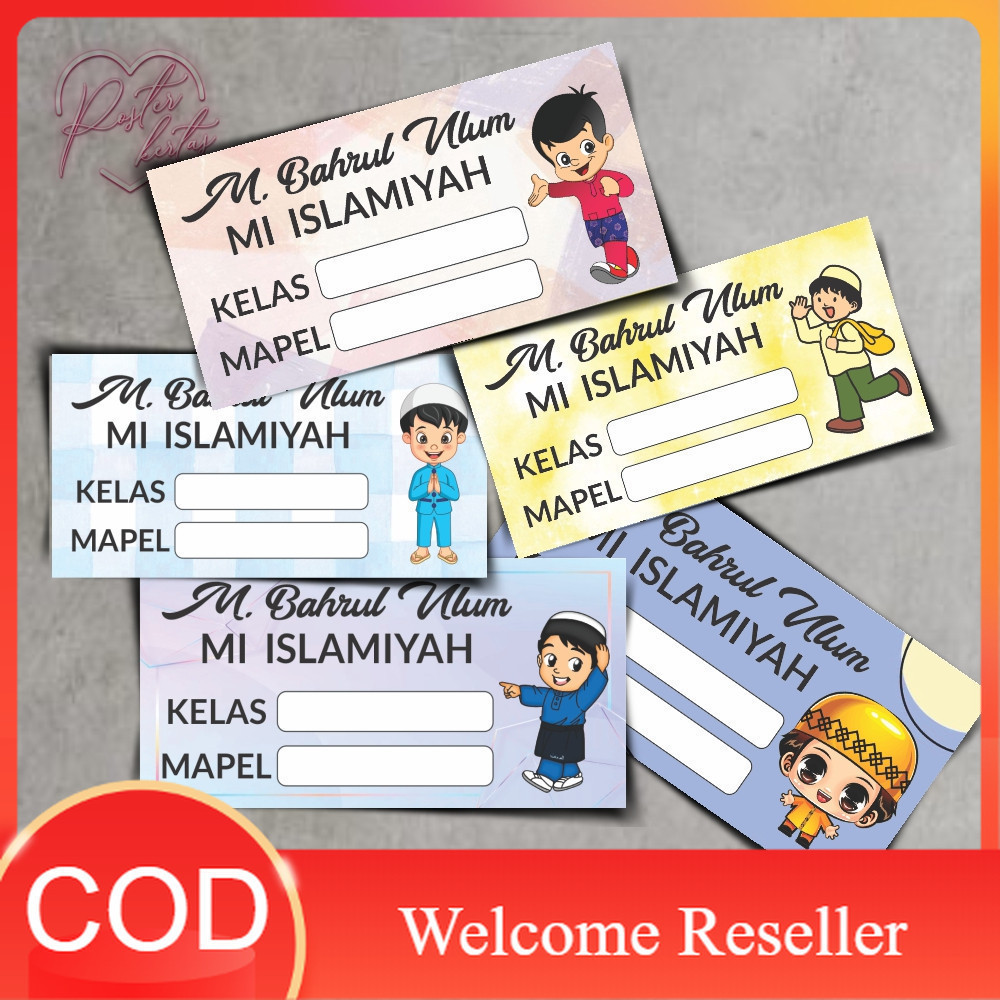 Cetak Kilat - - isi 10 pcs Sticker label buku pelajaran Custom Nama Sekolah Tema Cowok Muslim Boy