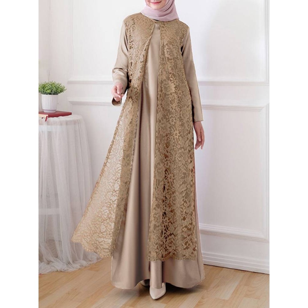 ZANZEA Women Elegant Lace Overlay Satin Dress Muslim Fashion Islamia Hijab O Neck Long Sleeve Abaya 