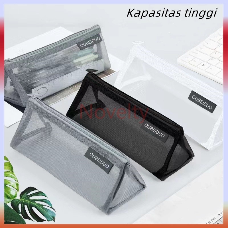 

Novelty mesh pencil case/Tempat pensil jala berkapasitas besar transparan sederhana / tas alat tulis segitiga tiga dimensi
