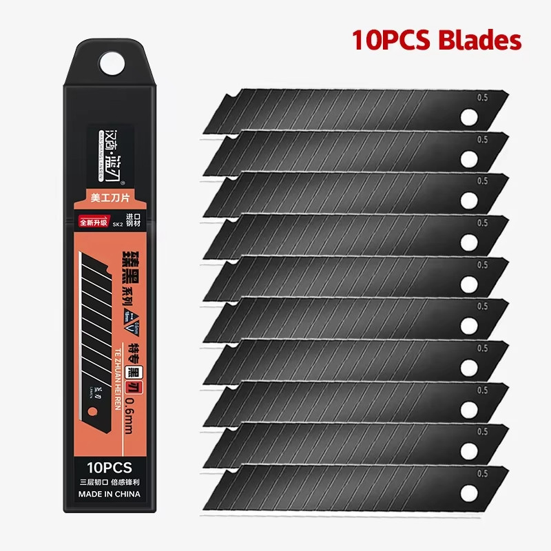 

10PCS Carbon Steel Replace Utility Knife Blade 100mm*18mm*6mm Thick Black DIY Tool Carving Blades For Student Office Stationery