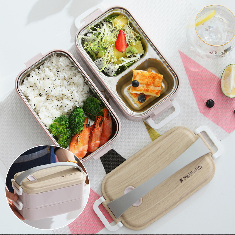 304 Kotak Makan Siang Stainless lunchbox stackable kayu Jepang  rantang kotak bekal makan 2 susun St