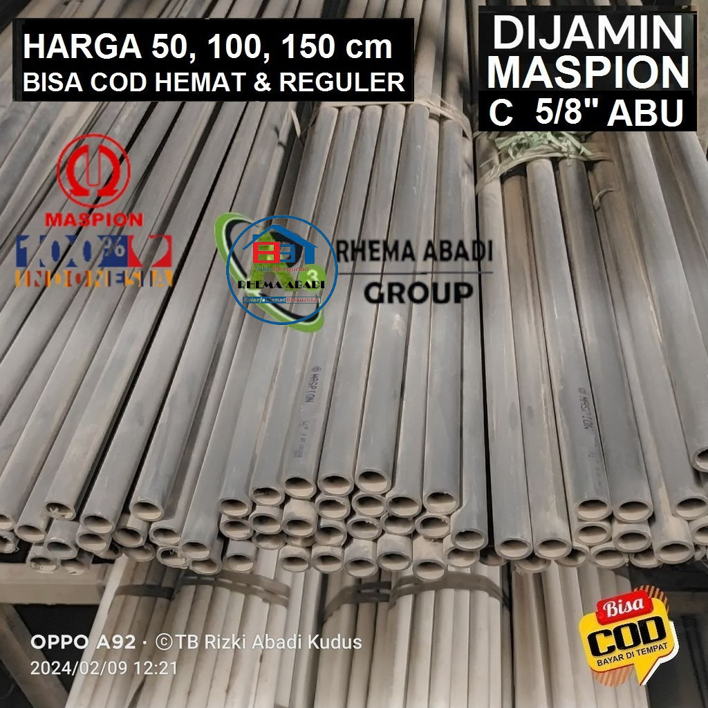 RHEMA Pralon Pvc Pipa Air MASPION C  5/8" inch ABU (17mm) Paralon Harga Per 1 Meter 100 dan 200 cm
