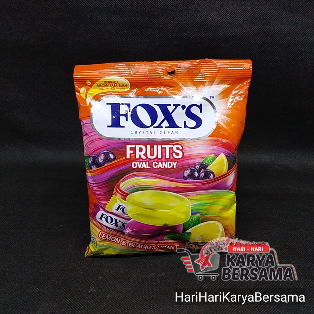 

MAKANAN RINGAN PERMEN FOX'S FOXS CRYSTAL CLEAR FRUITS OVAL CANDY LEMON DAN BLACKCURRANT BAG 125GR