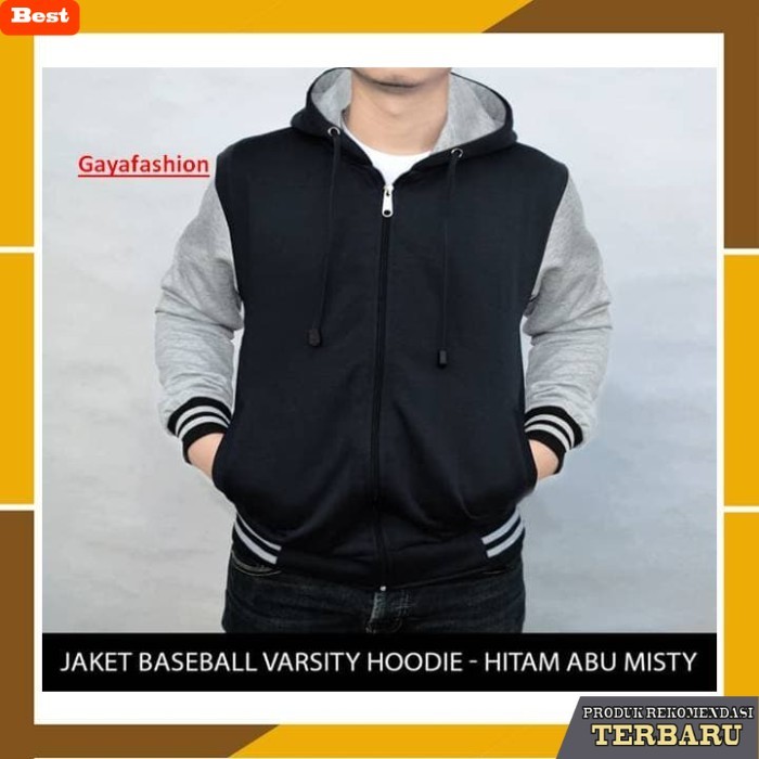hoodie pria keren Sweater Jaket Pria BIG SIZE Jaket Polos Baseball Varsity Hoodie Hitam