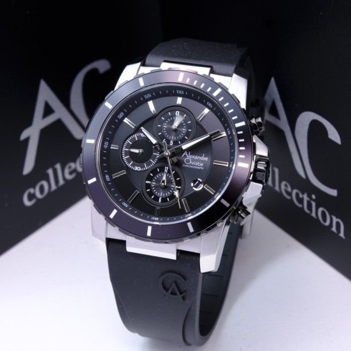 Jam Tangan Pria Alexandre Christie AC 6141 MC Original Chronograph Silver Black Rubber Garansi Resmi