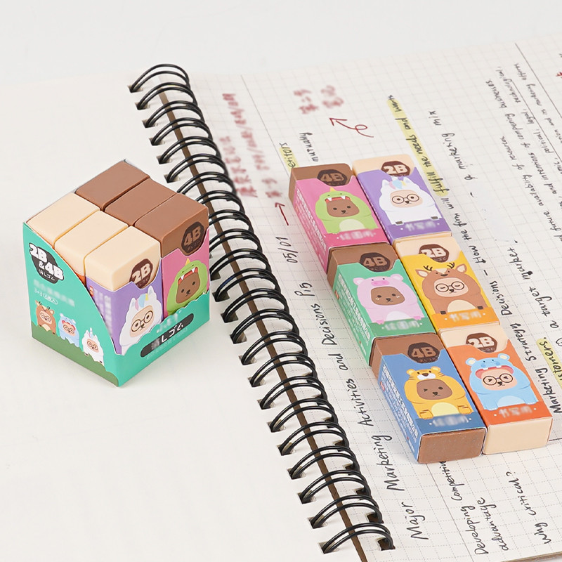 

6 Cute Pencils 2B+4B Eraser, Rich Colorful Vintage Animal System, Rectangular School Student Writing Eraser