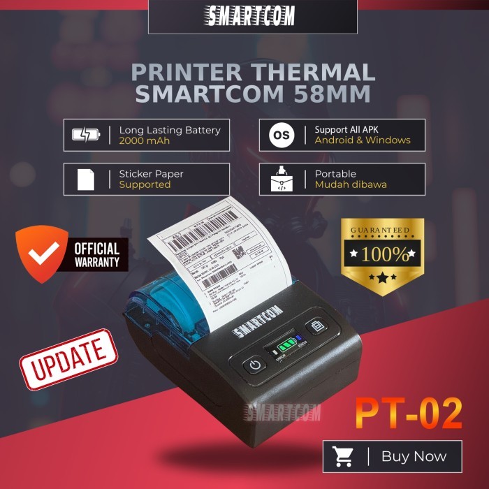 

TERLARISPaket Printer Thermal SMARTCOM 58mm Bluetooth PT02 + 10 Roll KertasORIGINAL