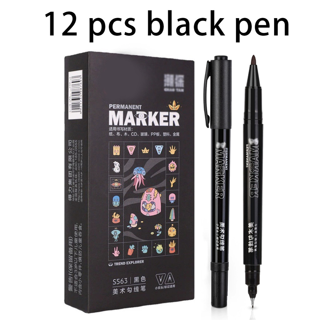 

6/12PCS Black Permanent Markers Pens Manga Double Sided Colored Oily Ink Sketch Painting Art School Supplies Stationery