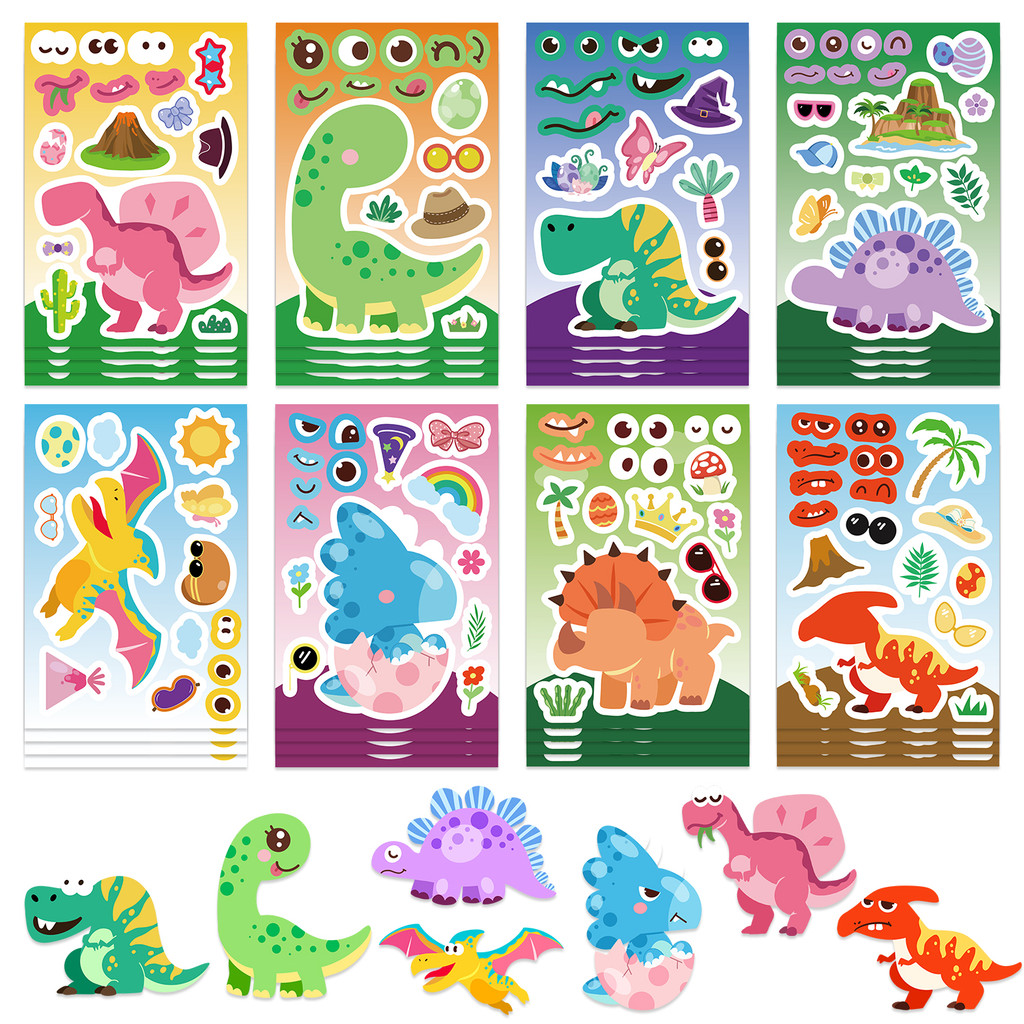 

8Sheets DIY Make-a-Face Dinosaur Puzzle Stickers Games Funny Animal Catoon Assemble Jigsaw For Educational Toys