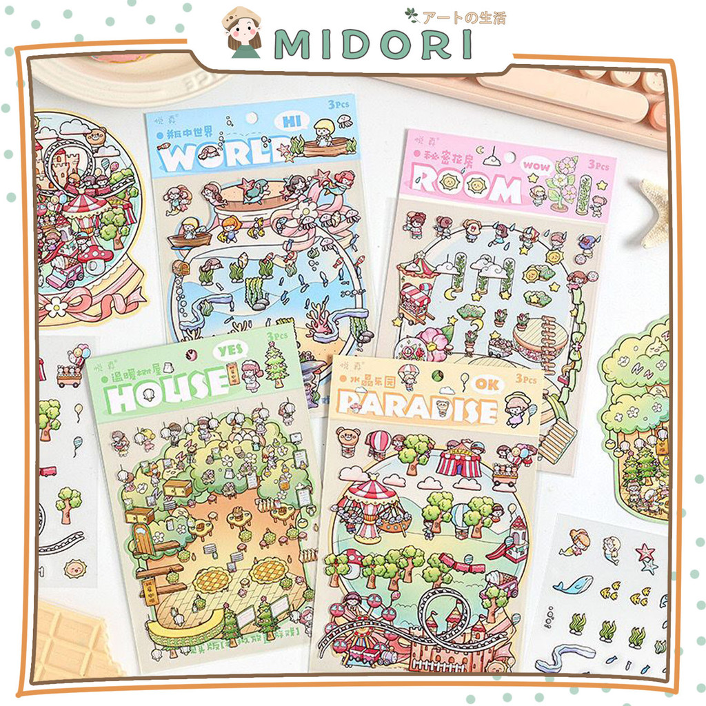 

[MIDORI] 3Lembar STICKER CUTE CARTOON ANIMAL Mini Cabin Scene 3D PET Landscaping DIY Scrapbook Stiker Dekor Jurnal - B0522