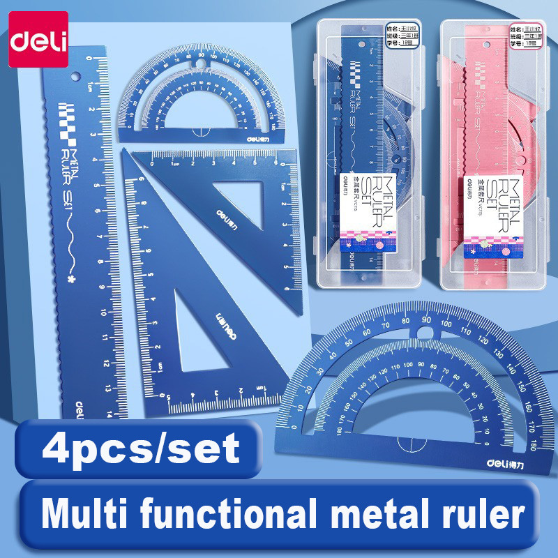 

4 In 1 Metal Ruler Set Drawing Aluminum Alloy Stationery Square Angle Straight Rulers Mathematical for Kids School Supplies Tool