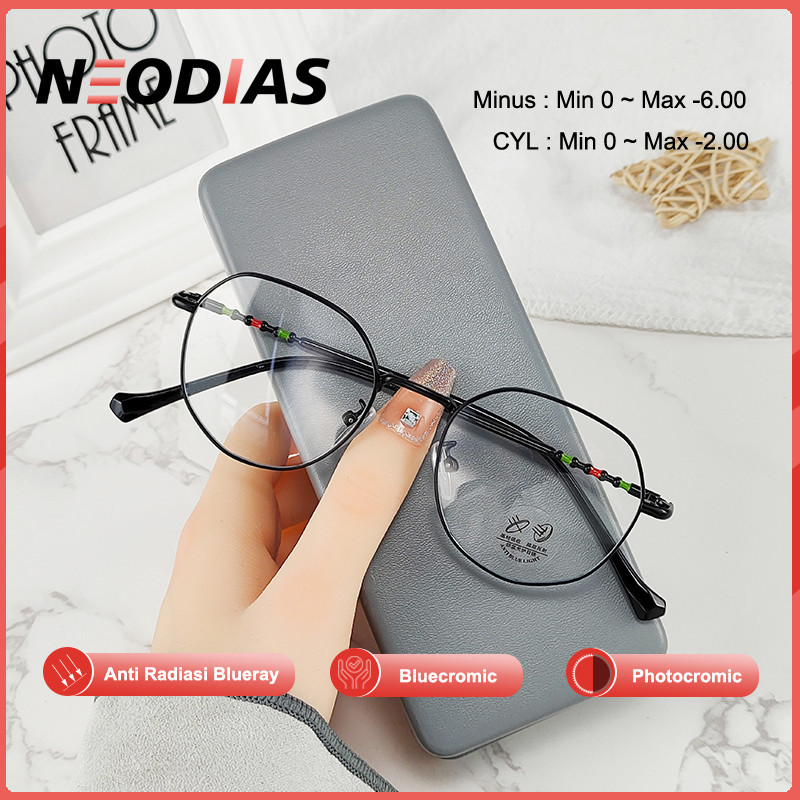 NeoDias Kacamata Minus Poligonal Fashion Frame Kacamata untuk wajah bulat Photocromic Anti Radiasi A