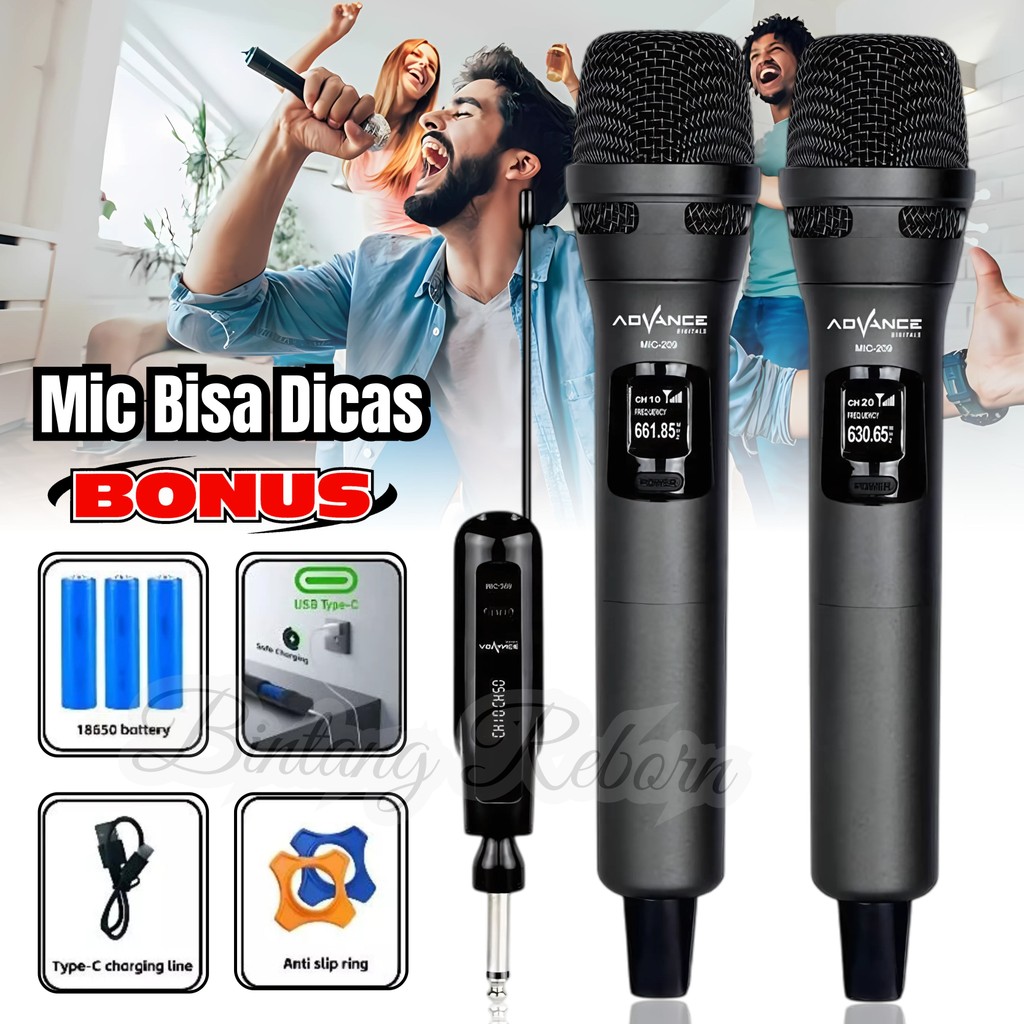 Microphone Mic Duet Tanpa Kabel ADVANCE MIC-209 | Mic Karaoke bluetooth | Microphone Professional Wi