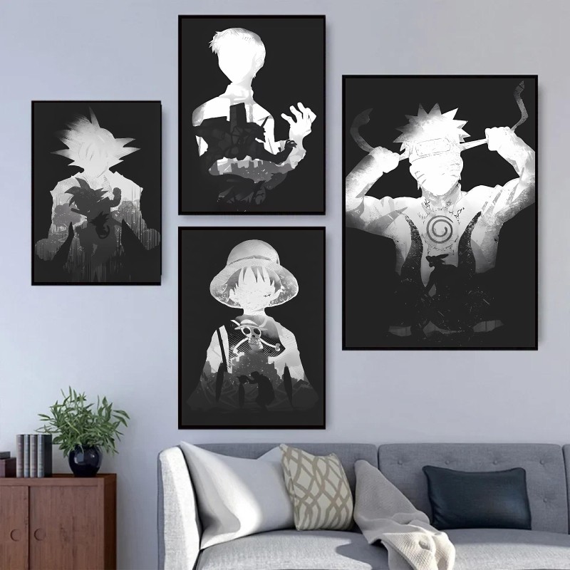 

Canvas Printing Naruto Dragon Ball Black White Silhouette Luffy Goku High Quality Room Wall Decor Figure Picture Posters Hanging