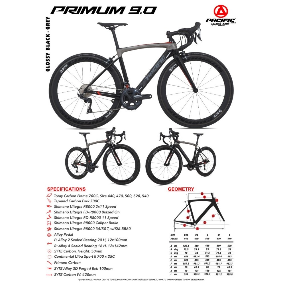 SEPEDA ROADBIKE 700C PACIFIC PRIMUM 9.0 CARBON SHIMANO ULTEGRA FULL