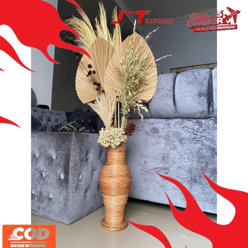 NEW TREND DAUN PALEM KERING RUSTIC DAN POT TINGGI 40CM/DEKORASI RUSTIC ESTETIK RIO