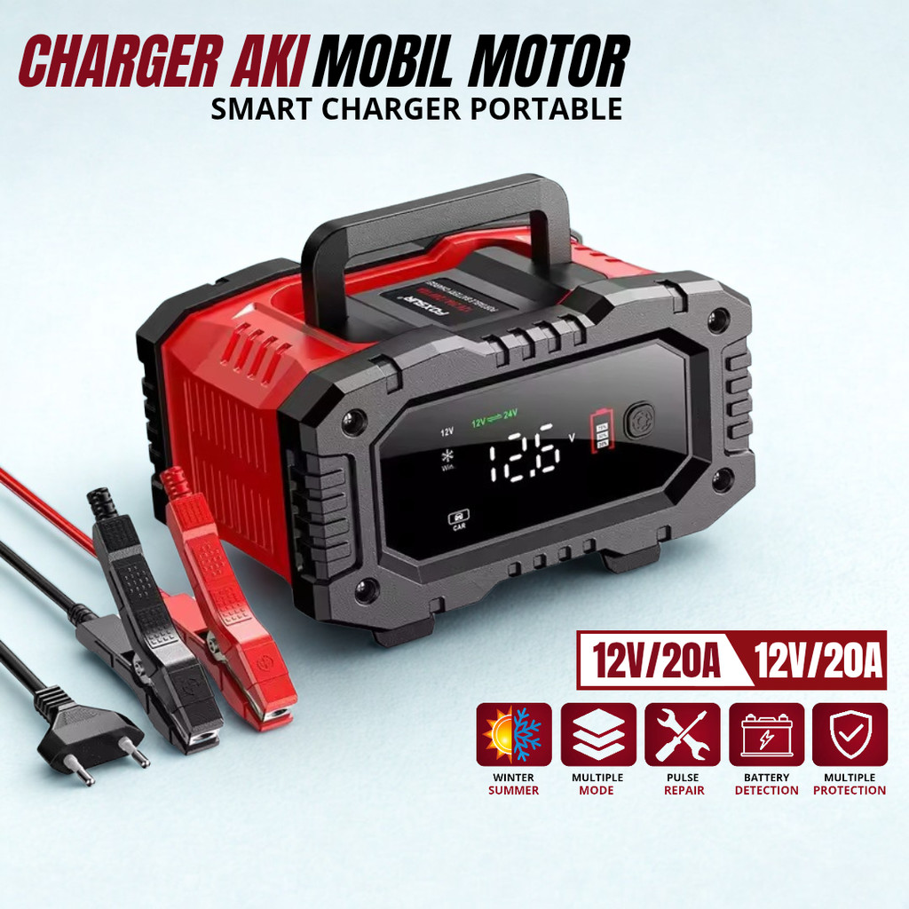FOXSUR Charger Baterai Aki Mobil Motor Portable 20A 300W 12/24V